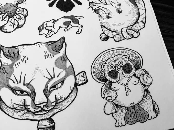 Japanese flash of cats and a tanuki