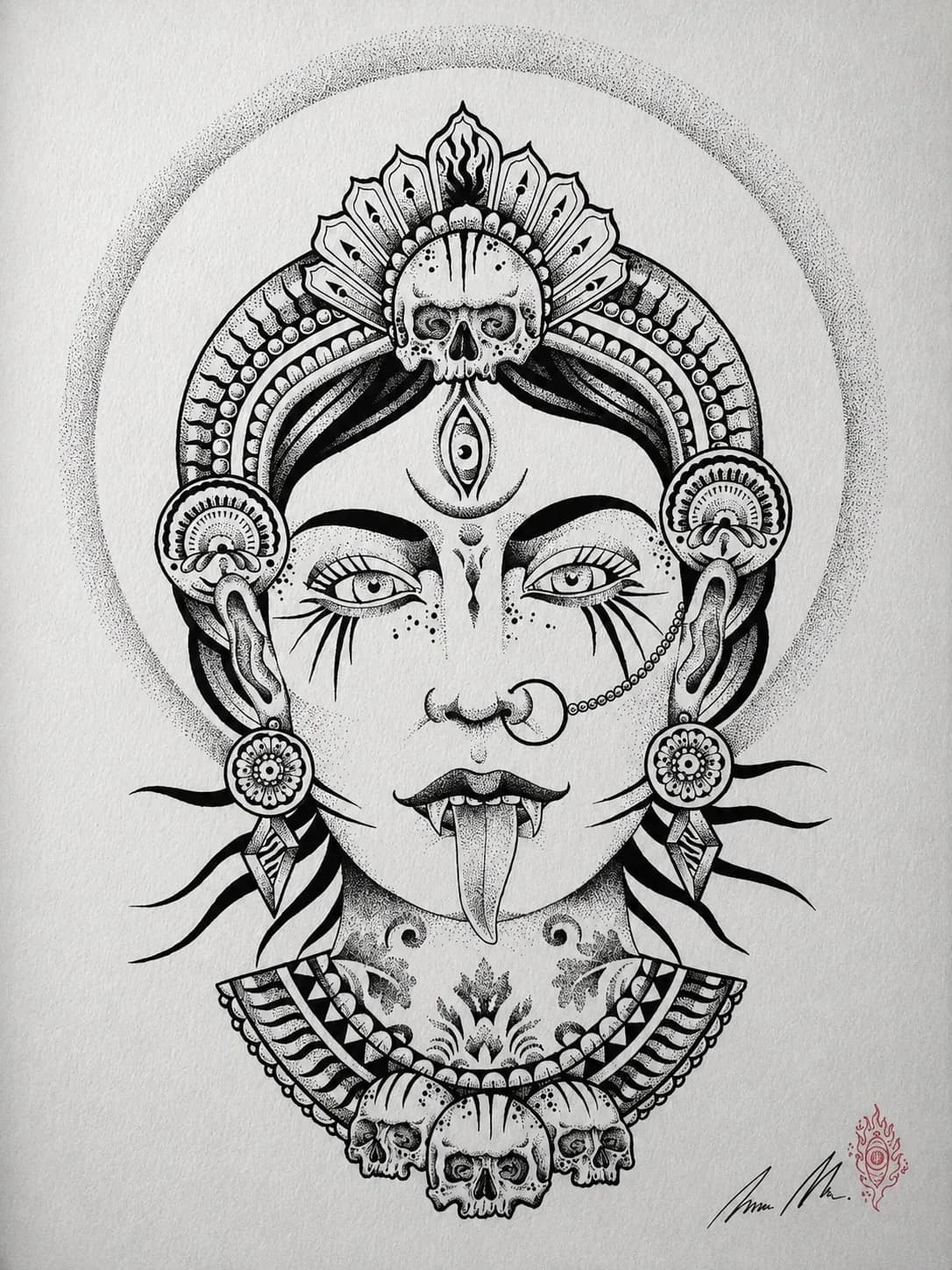 Dotwork drawing of the goddess Kali crowned with skulls