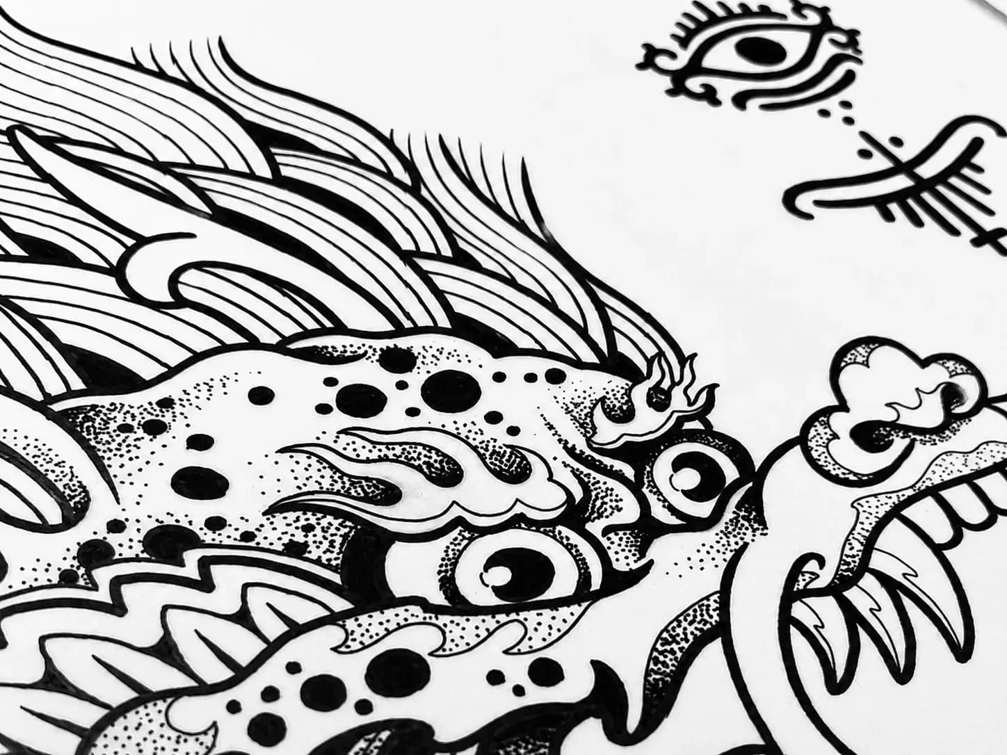 Ink line drawing of a koi dragon head