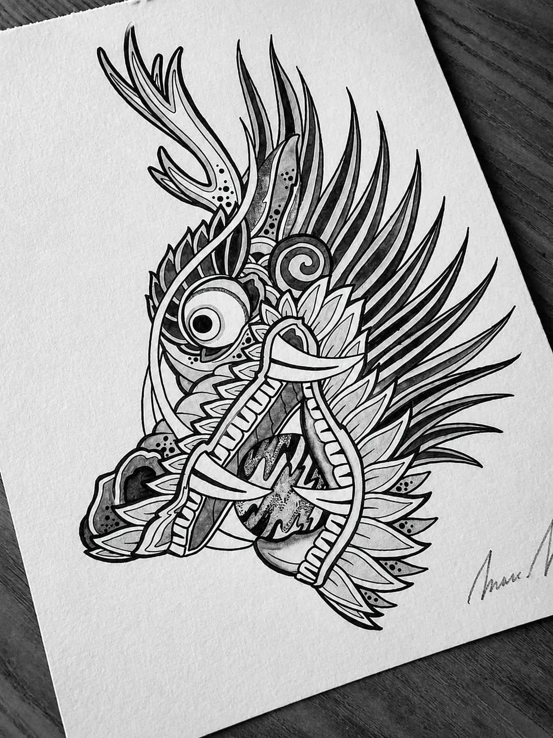 Ink drawing of a Japanese demon fish