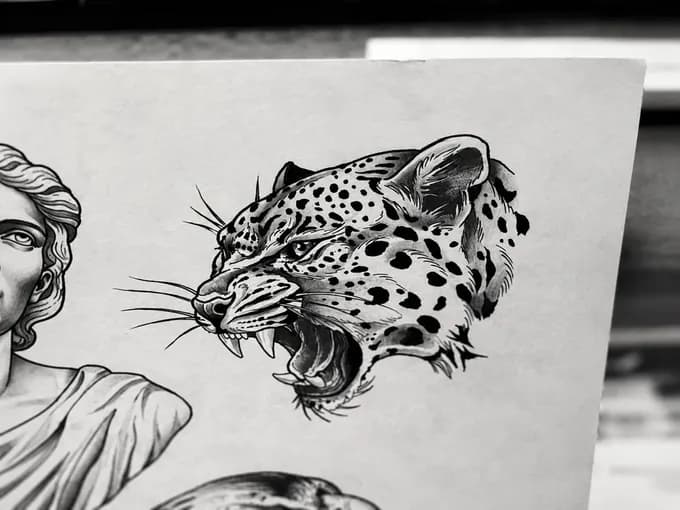 Ink drawing of a roaring leopard beside a classical bust