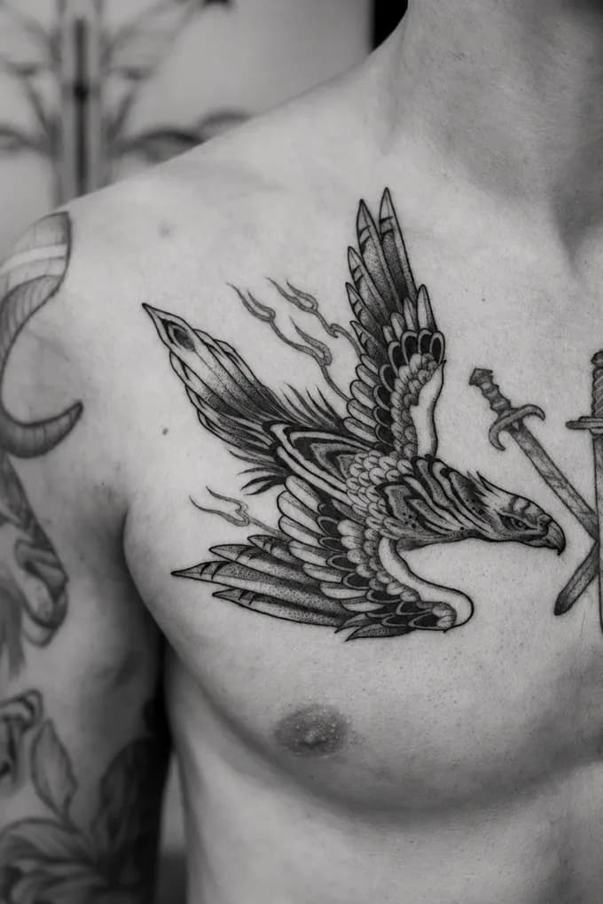 Falcon and sword tattooed on a chest
